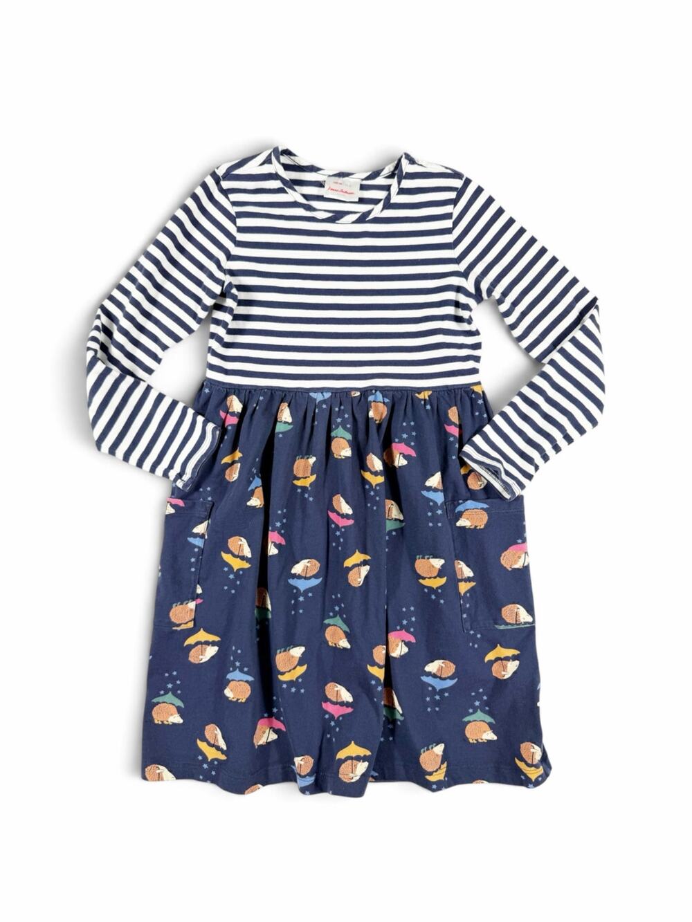 Hanna Andersson Girls Dress Hedgehog Pocket Navy Stripe Size 10